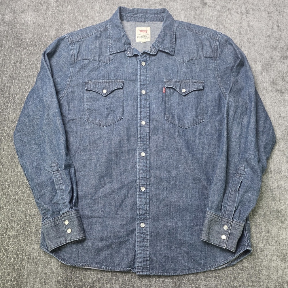 Levi's Western Denim Cowboy Shirt Mens Large Pearl Snap Dual Flap Pockets Blue L